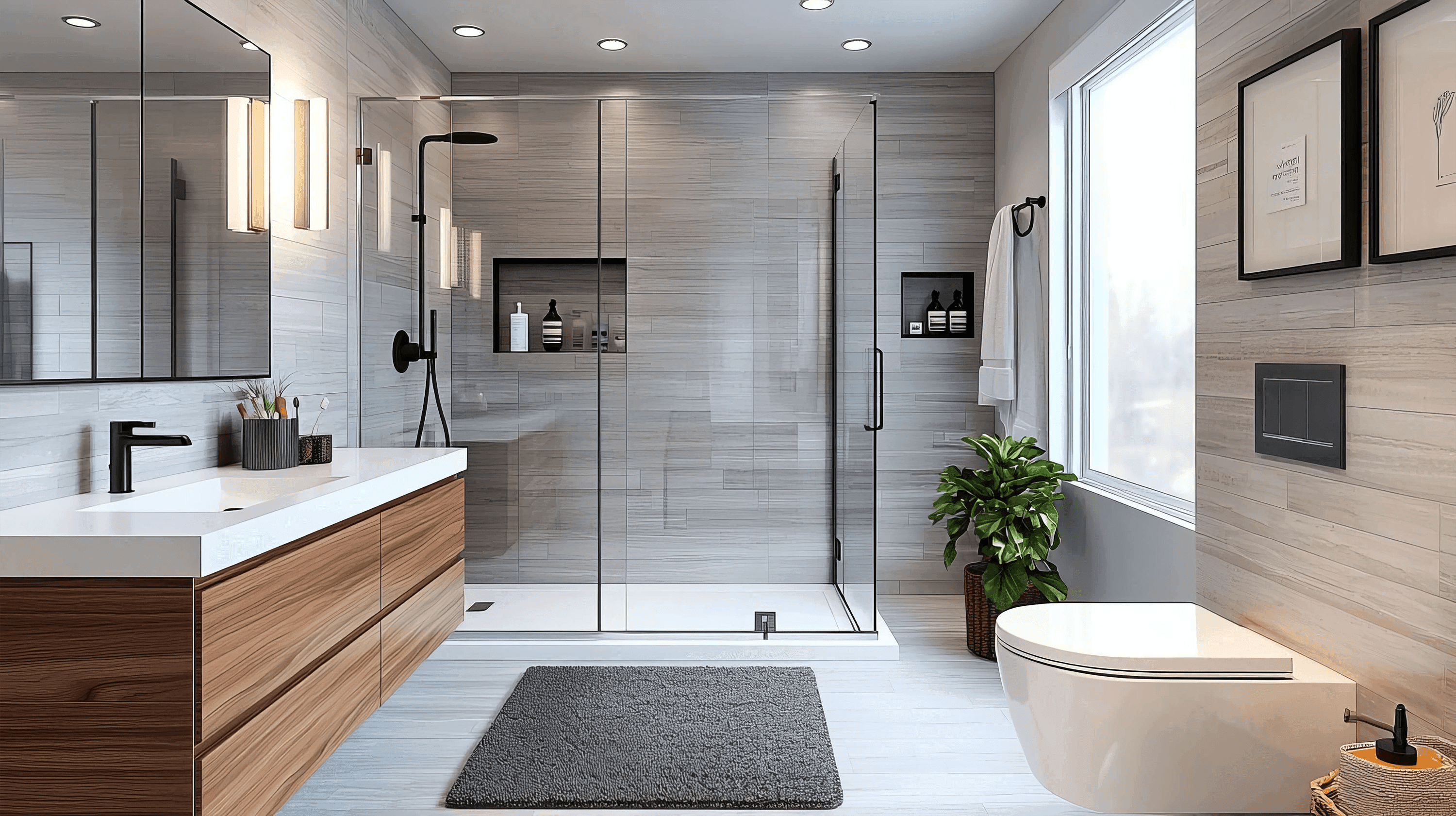 Bathroom vanity with a seamless white countertop and integrated sink