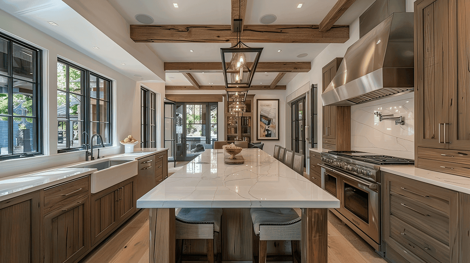 Kitchen with quartzite island, countertops and backsplash in white with fine gray veining